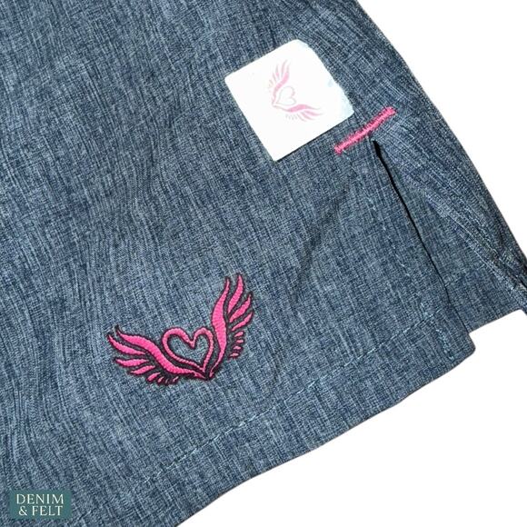 Smitten Scrubs Rock Goddess Top & Amp Flare Pants Set Heather Blue Pink Trim S - Picture 3 of 15